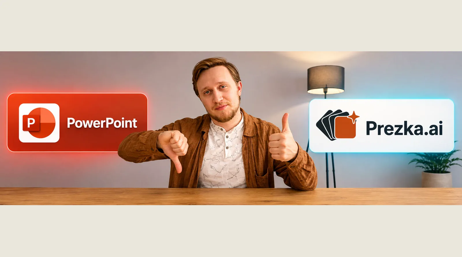 Слева логотип PowerPoint, справа Prezka.ai